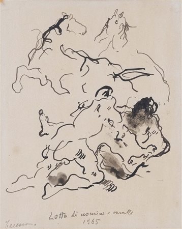 FELICE CARENA (Cumiana (To), 1879 - Venezia , 1966) Lotta di uomini e cavalli...