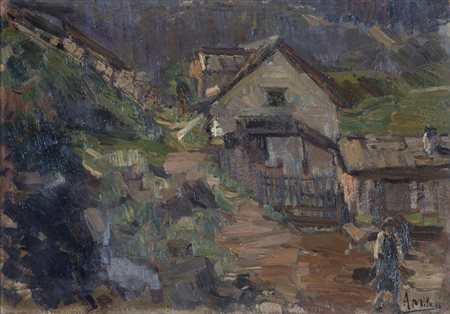 ALESSANDRO MILESI (Venezia, 1856 - 1945) Cavalese 1922 olio su cartone cm....