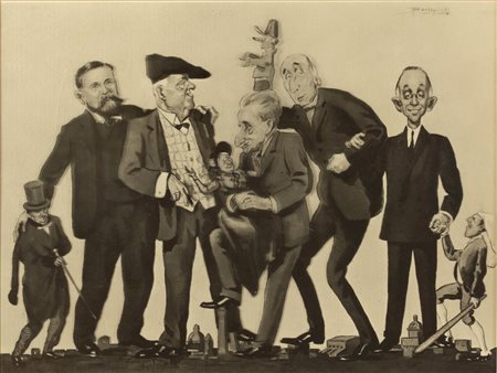 Umberto Bonfiglioli (Bologna 1892 - 1974), “Antonio Fiacchi – Carlo Musi – Alfredo Testoni – Augusto Galli – Angelo Cuccoli”.