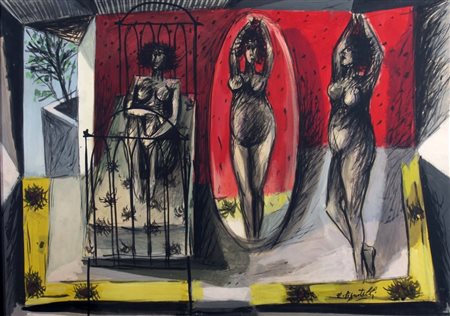 PIGNATELLI ERCOLE (Lecce 1935) "Le tre grazie" Tempera su carta intelata cm....