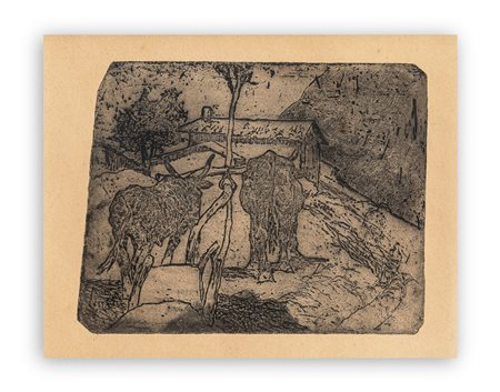GIOVANNI FATTORI (1825-1908) - Paesaggio con bovi e aratro