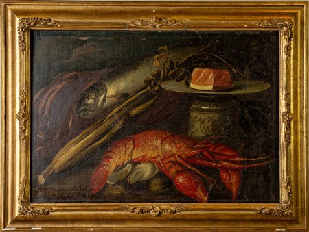 Maestro emiliano del XVIII secolo, Natura morta con aragosta, vasellame e cardo