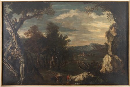Maestro tra XVII e XVIII secolo, Paesaggio con personaggi e torre