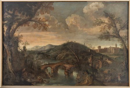 Maestro tra XVII e XVIII secolo, Paesaggio fluviale con ponte e personaggi
