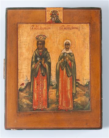  Arte ortodossa, inizi del XIX secolo, Icona raffigurante due sante, con testa di Dio nella parte sommitale