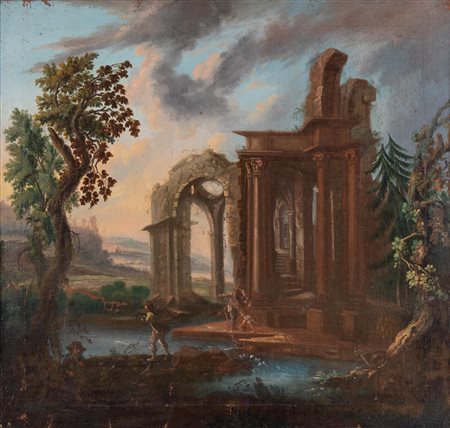 Maestro del XVIII secolo, Paesaggio con architetture e figure
