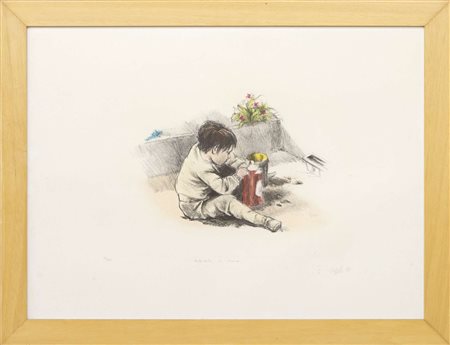 Giovanni Cappelli, Bimbo sul terrazzo, 1988, litografia colorata a mano, cm...