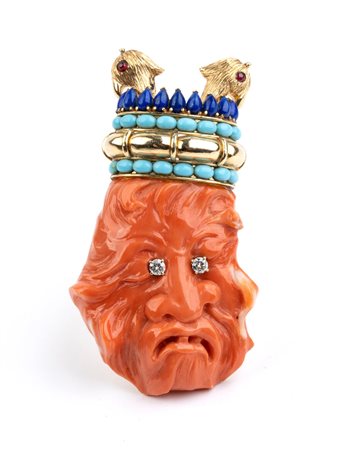  
Spilla in oro, diamanti, corallo e pietre di colore 
 