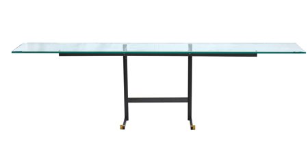 Grande consolle da terra con struttura in acciaio e piano in cristallo   
