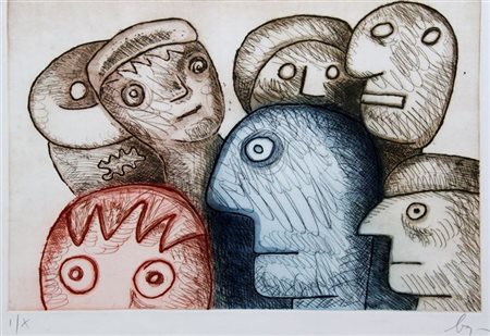 BAJ ENRICO Milano 1924 - 2003 Vergiate "Personaggi" 70x97 foglio, 51,5x78...