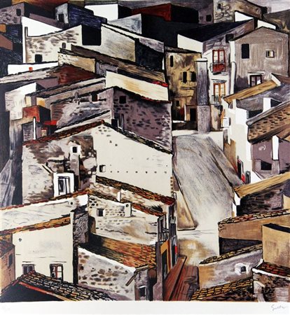 GUTTUSO RENATO Bagheria (PA) 1911 - 1987 Roma "Tetti" 86,5x63,5 foglio,...