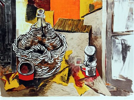 GUTTUSO RENATO Bagheria (PA) 1911 - 1987 Roma "Damigiana, boccali e tetti di...