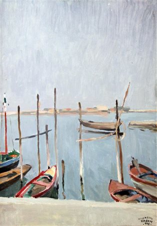 DEABATE TEONESTO Torino 1898 - 1981 "Porticciolo a Chioggia" 1968 70x50 olio...