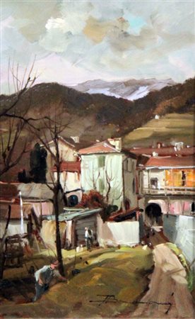 BONANOMI ARTURO Calolziocorte (LC) 1920 "Paesaggio con contadini" 40x24 olio...