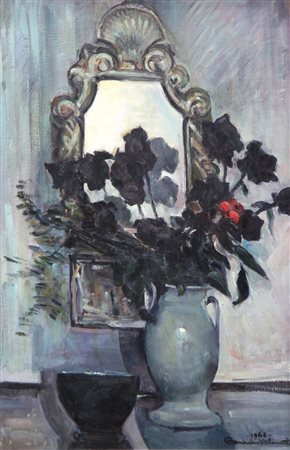 VALINOTTI DOMENICO Torino 1899 - 1962 "Fiori e specchiera" 1960 75x50 olio su...