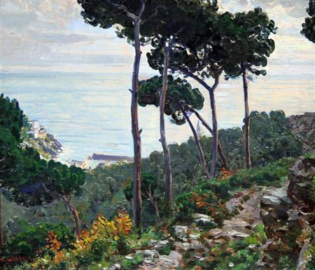 GRASSIS GIUSEPPE Torino 1870 - 1949 "Nervi" 1928 34,6x45 olio su cartoncino...