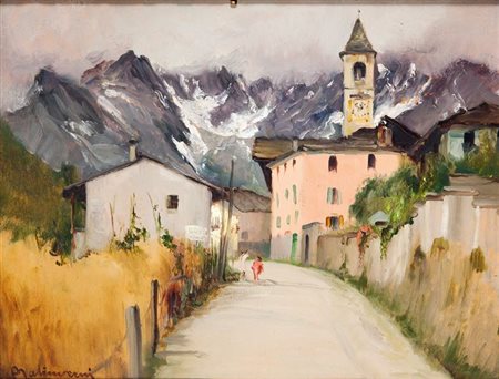 MALINVERNI ANGELO Torino 1877 - 1947 "Paese montano" 35x44 olio su cartone...
