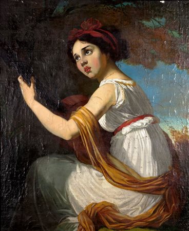 PITTORE ANONIMO "Suonatrice di mandolino" 80x60,5 olio su tela Da restaurare