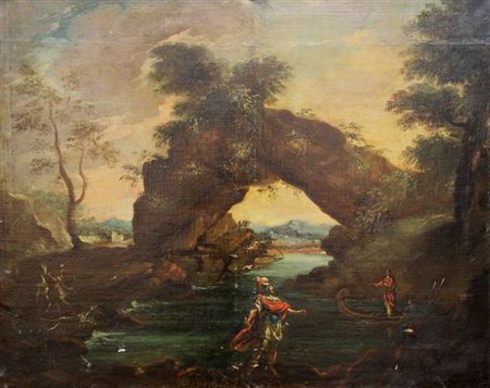 PITTORE ANONIMO "Paesaggio con figure" 99x123 olio su tela