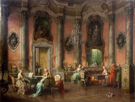 PITTORE ANONIMO DELL'800 "Interno settecentesco con dame e gentiluomini"...