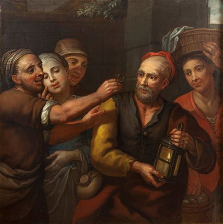 PITTORE ANONIMO DEL XVIII SECOLO "Figure popolane" 108x108 olio su tela Opera...