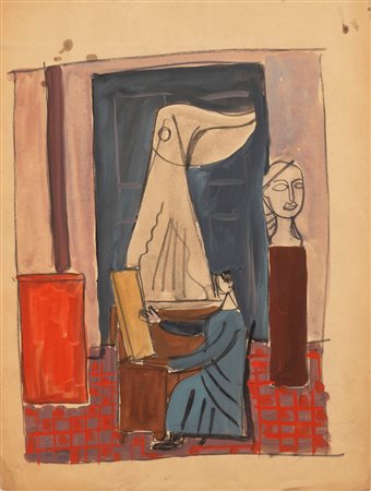 Emilio Notte (Ceglie Messapica (BR) 1891-Napoli 1982)  - Interno dello studio dell'artista , 1951