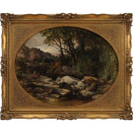JOHN SYER, Paesaggio montano con figure, Olio su tela