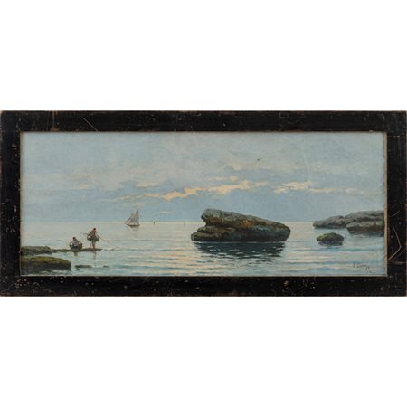 ERMINIO KREMP, Marina con barche e pescatori, Olio su tela