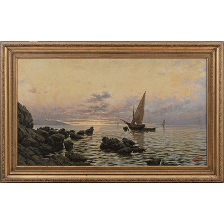 GIACINTO BO, Paesaggio marino con barche, Olio su tela