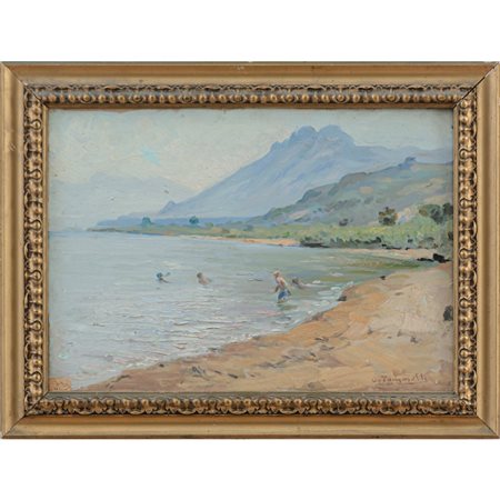 ONOFRIO TOMASELLI, Costiera di Palermo con bagnanti, Olio su tavola