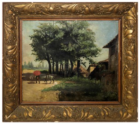 Paesaggio con case e alberi e uomo con asino, 19° secolo 