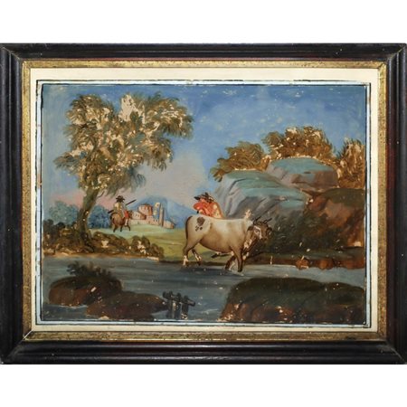 Paesaggio con persone e animali, pittura ad olio su vetro., 19° secolo 