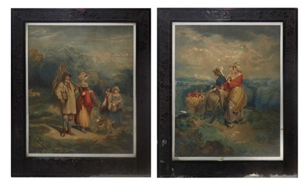 Coppia di stampe con personaggi in cornice di legno con decorazioni floreali