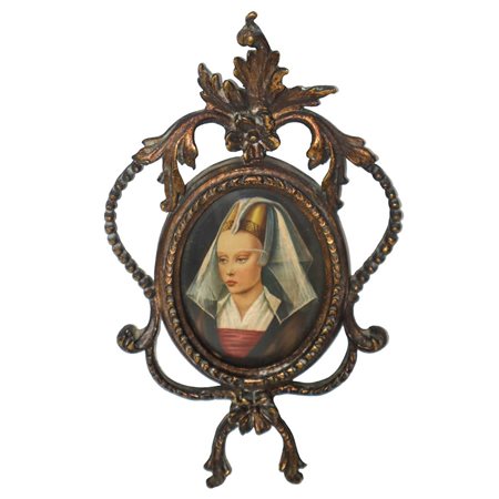 Miniatura raffigurante donna velata con copricapo quattrocentesco, entro cornice dorata., 20° secolo 