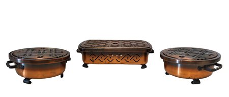 Tris scaldavivande in rame, France 20° secolo 