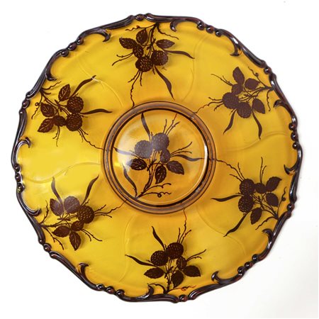 Piatto in vetro nei toni del pagliesco e decorazioni di frutti