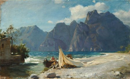 Rudolf Schick (Berlin/Berlino 1840 - 1887) Pescatori sul lago di Garda da...