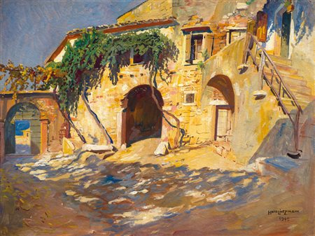 Hans Litzmann (Berlin/Berlino 1872 - Torbole 1955) Case rustiche su lago di...