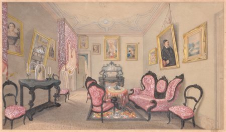 Josef Fischer Salone di un delegato austriaco a Verona, 1858;Acquerello, 24 x...