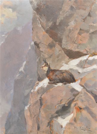 Hugo Engl (Lienz 1852 - Silz 1926) Camoscio in montagna;Olio su tavola, 31,5...