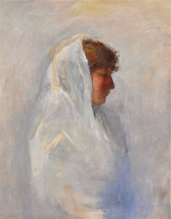 Arthur Verona (Braila 1867 - Bucarest 1946) Donna in bianco;Olio su tela, 75...