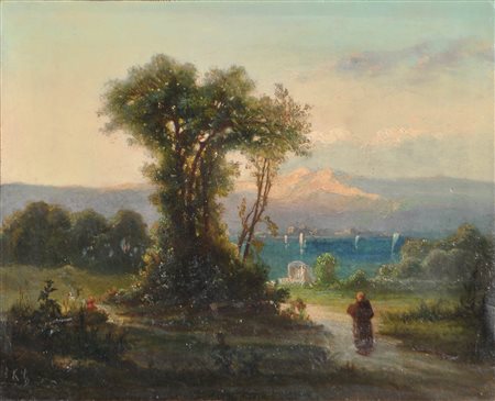 Bernhard Fries Umkreis/Cerchia Lago in Svizzera;Olio su tela, 28,5 x 34,5 cm,...