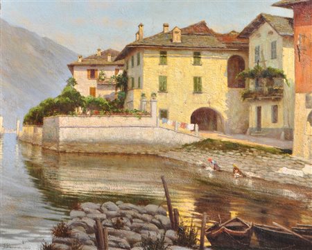 Emilio Parma (Monza 1874 - 1950) Mandello sul lago di Como, 1935; Olio su...