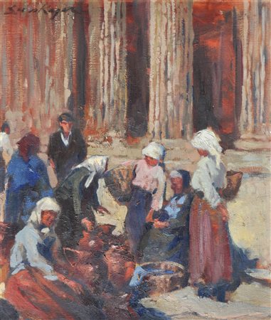 Eva Kager Mercato ad Assisi;Olio su cartone, 50 x 42 cm, in cornice Firma