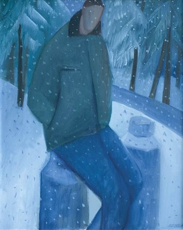 Josef Costazza (Neumarkt/Egna 1950) Attesa per la consegna del latte;Olio su...