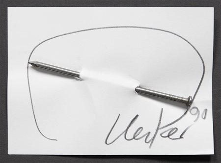Günther Uecker (Wendorf 1930) Nagelbild, 1990;Matita, chiodo su carta, 10 x...