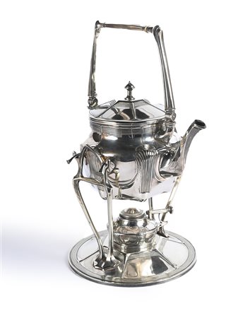 Teiera Jugendstil con rechaud in metallo argentato, Orivit, Germania, primo...