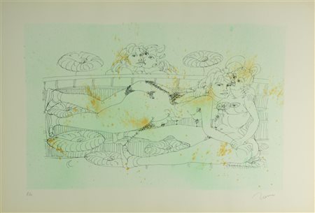 Tono Zancanaro SCENA SAFFICA litografia su carta, cm 50x70, es. P. di C....