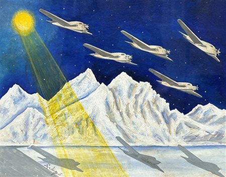 Petro Ardigò (XX secolo - ) 
Azione aereo futurista 
olio su carta applicata su tela cm 23,5 x 30 
