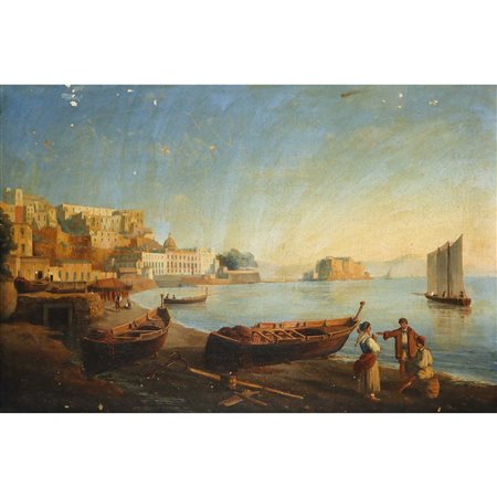 Marina di Napoli con castello, barche e personaggi, 19° Secolo
